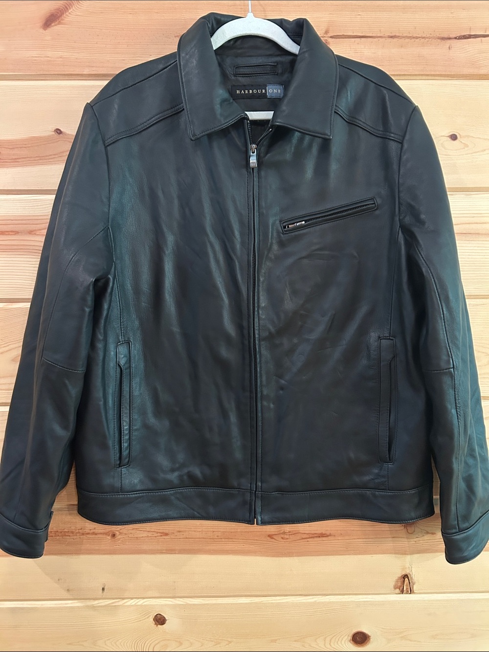 Harbour One Men’s Black Leather Zip-Front Bomber Jacket, Size L